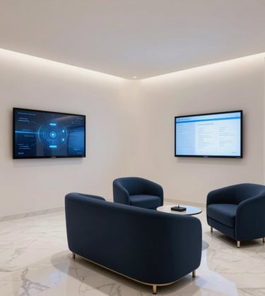 An interior shot of a minimalist, luxury medical reception area in Egypt. High-tech smart screens on walls, off-white marble floors, and dark blue designer furniture. The lighting is soft and professional, reflecting a sophisticated medical environment.