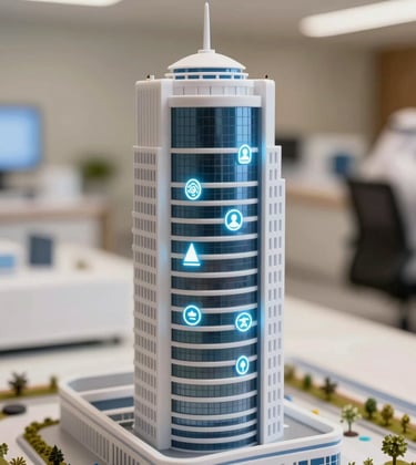 A close-up of a modern architectural model of a medical tower, focusing on smart technology integration symbols. The lighting is clean and bright, emphasizing professional Middle Eastern design aesthetics.