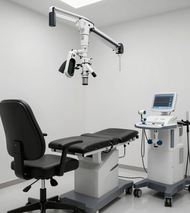 Luxury medical consulting room with ergonomic furniture, minimalist white walls, and advanced medical equipment, Middle Eastern professional setting.