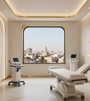 A high-end 3D visual of a private medical suite interior, showing minimalist Egyptian design with gold accents and a view over the city of Minia.