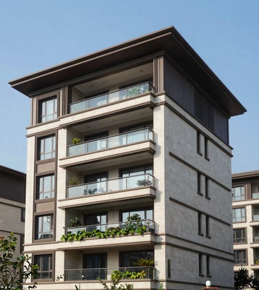Exterior photography of a recently completed modern South Asian residential complex. The building features elegant balconies, sustainable green spaces, and high-quality stone cladding under a clear blue sky, emphasizing premium property presentation.