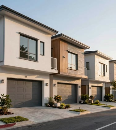 Exterior shot of a row of premium modern townhouses with clean architectural lines and integrated garage spaces. Afternoon sun, South Asian residential neighborhood.