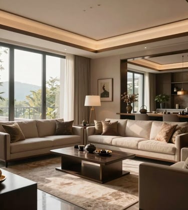 An elegant, spacious living room interior with modern South Asian decor, floor-to-ceiling windows, and high-quality finishes. Soft, warm morning light.