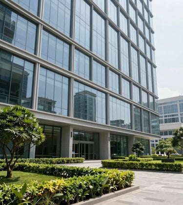 Clean, bright photography of a contemporary office building exterior with glass facades and manicured greenery, located in a premium South Asian business district. Midday natural lighting.