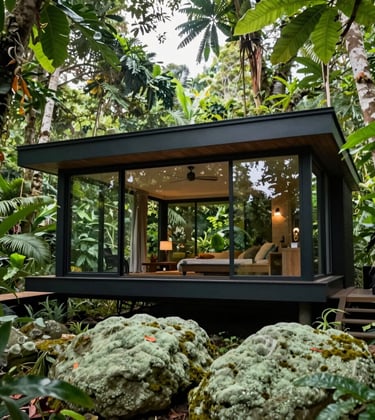 Architectural photography of a modern luxury jungle cabin with floor-to-ceiling windows in a Central American / Costa Rican rainforest. Bright daylight, vibrant rich emerald green leaves, and soft muted sage green mossy stones nearby.