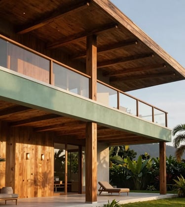 Modern tropical architecture of a luxury villa in a Central American / Costa Rican setting. The building features elegant wooden beams and sage green accents, captured during the golden hour to highlight the sophisticated texture.