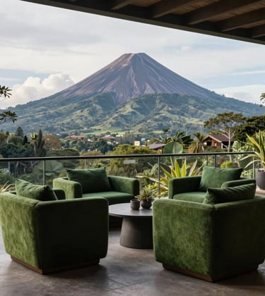 A luxury terrace with panoramic views of the Arenal volcano in Costa Rica. Modern outdoor lounge furniture in emerald moss and deep forest green tones. Professional architectural photography showcasing exclusive living.