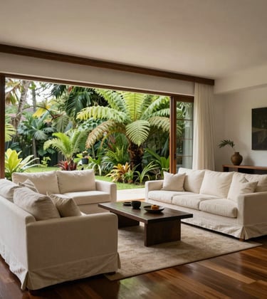 Photography of a grand open-concept living room in a Central American / Costa Rican luxury home. Interior design features elegant cream off-white linen sofas, polished dark wood floors, and a view of a private garden filled with rich emerald green ferns. Soft afternoon light.