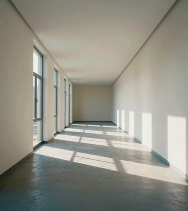 A minimalist architectural interior featuring a long, empty corridor with creamy off-white walls. Natural light falls through high windows, casting long, geometric shadows in muted steel blue across the floor, symbolizing clarity and empty space.