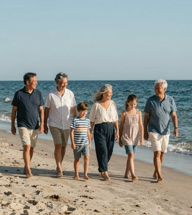 A multi-generational family walking together along a pristine North American sandy beach during a bright, sunny day. The composition is a medium shot capturing their joyful expressions. The palette features deep navy ocean water and soft sky blue sky.