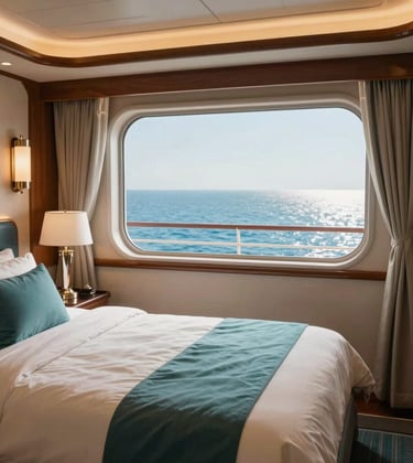A luxury cruise ship cabin interior with a view through the window of a light blue ocean, featuring sophisticated cream-colored bedding and teal accents in a North American style.