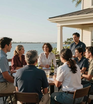 A group of professionals in casual North American attire engaged in a team-building retreat on a scenic waterfront terrace. The atmosphere is professional yet relaxed, with soft sky blue and warm cream tones in the surrounding architecture and bright natural lighting.