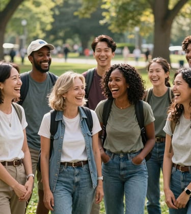 A cheerful group of North American travelers of varying ages laughing together in a sunny outdoor park setting, dressed in casual travel attire, embodying a stress-free community group experience.