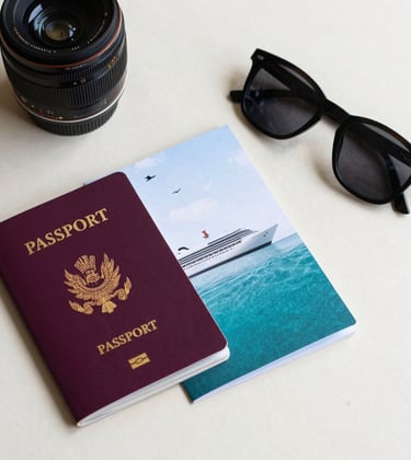 A professional flat-lay photograph of travel essentials including a passport, a luxury cruise brochure with teal accents, and a pair of sunglasses on a clean cream-colored surface.