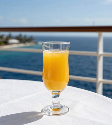A close-up of a glass of refreshing juice on a white linen table on a cruise ship balcony overlooking the ocean. The background shows a blurred North American tropical coastline under bright midday sun, with deep navy and soft sky blue water.