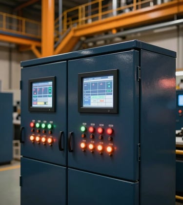 Close-up of a high-tech transformer control panel with glowing indicators and digital screens, set within a massive industrial facility in the Middle East. The lighting is dominated by deep navy and vibrant orange tones, reflecting a state-of-the-art technological environment.