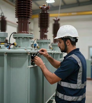 Professional photograph of an electrical engineer wearing a white hard hat and a navy blue safety vest, performing a detailed inspection on a large power transformer. The scene is set in an industrial facility in the الشرق الأوسط / خليجي region with soft daylight filtering through.