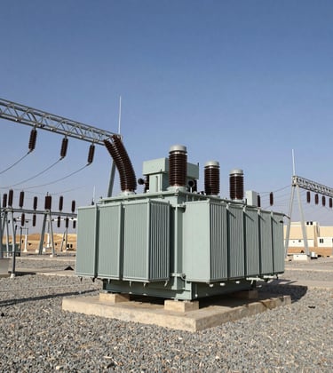 Wide shot of a newly commissioned electrical substation field with multiple high-voltage transformers arranged in a row. The ground is gravel, and the background shows a clear blue sky over a Middle Eastern landscape. Modern, industrial, and highly efficient aesthetic.