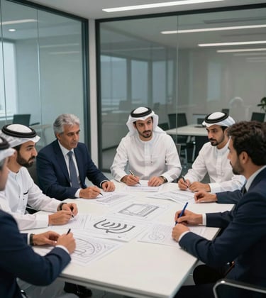 Photography of a group of professional engineers sitting in a modern conference room with glass walls, discussing energy project blueprints. The room is decorated in navy blue and white tones, reflecting a professional atmosphere in the الشرق الأوسط / خليجي region.
