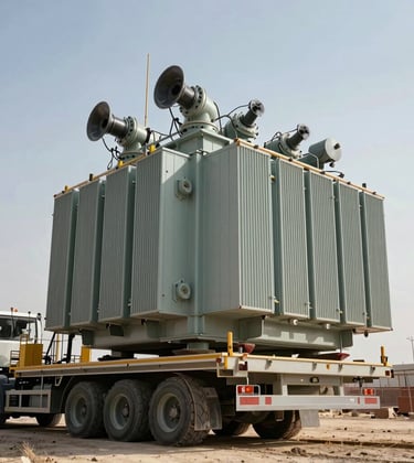 Low angle photograph of a massive power transformer arriving on a heavy-duty transport trailer at a construction site in the الشرق الأوسط / خليجي region. The scale of the equipment is impressive against the clear horizon.