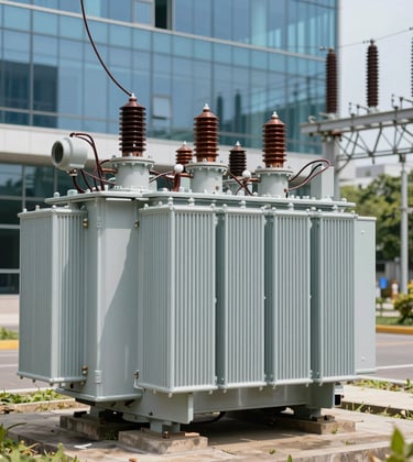 Clean, professional ground-level shot of a large grey power distribution transformer outdoors in a sunny Gulf setting. The image shows intricate wiring and copper components with a modern glass office building in the blurred background. Natural bright lighting, high contrast.