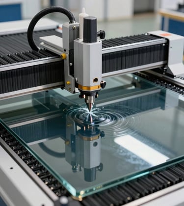 A high-angle, clean shot of an automated CNC glass cutting table in operation. Precise water-jet or diamond cutting technology visible on a large glass sheet. Industrial-luxury aesthetic. International / Global.