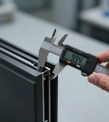 A detailed close-up shot of a sleek, ultra-thin matte black aluminum window profile being carefully inspected with a digital caliper. High-tech industrial setting with soft, focused lighting. International / Global.