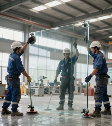 An action shot of a professional construction crew in clean uniforms using industrial suction cups to move a massive, crystal-clear glass panel inside a bright, high-ceilinged factory. International / Global.