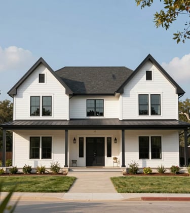 The exterior of a luxury modern farmhouse in Round Rock, Texas. The home features white siding (#F8F4ED), black window frames (#1A1A1A), and a sprawling porch. High-end, inviting, and professional.