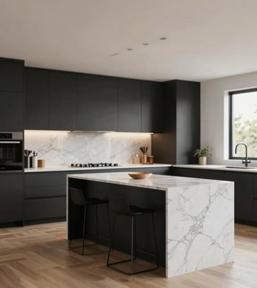 A high-end, contemporary kitchen in a luxury Austin property, featuring minimalist black accents (#1A1A1A), marble countertops, and warm wood flooring. Professional architectural photography with clean composition and natural light.