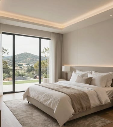 An elegant master bedroom in a high-end Austin home. The design uses warm neutrals (#CFC8BE) and soft whites (#F8F4ED), with large windows overlooking the Texas hill country. Modern, clean, and tranquil mood.