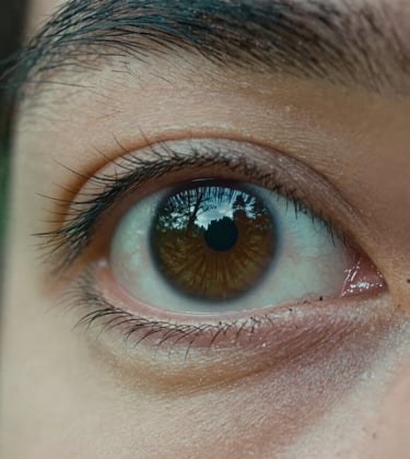 A close-up of a human eye in profile, reflecting a forest landscape, representing the connection between human health and nature. Sophisticated and grounded style. Sage green tones, North American context.