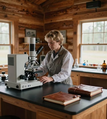 A high-detail photograph of a modern, sophisticated laboratory setup inside a rustic North American timber cabin. Natural light filters through large windows, highlighting scientific equipment and leather-bound journals. The mood is one of grounded authority.