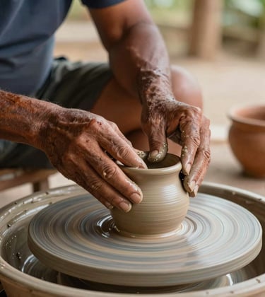 South American / Brazilian local artisan crafting pottery, soft natural lighting, warm beige and terracotta colors, authentic cultural immersion, high-end travel photography.