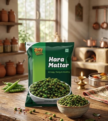 Zesty Bites Hara Mattar fried green peas snack packet