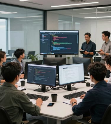 Clean, wide shot of a collaborative team of North American developers in a glass-walled conference room, looking at screens with clean UI code.