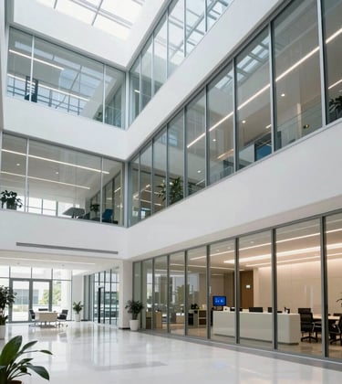 An architectural shot of a sleek North American technology campus interior with high ceilings and glass walls, reflecting a clean, modern, and innovative corporate culture with white and bright blue accents.