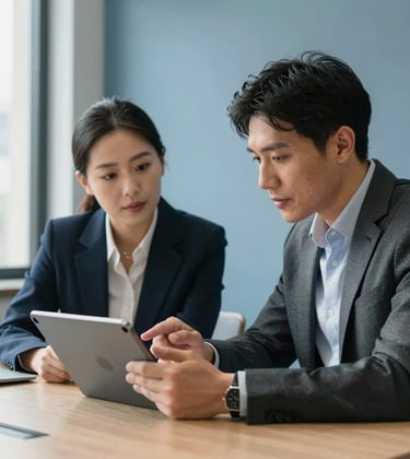 Two professional collaborators in a modern North American corporate setting discussing project details on a digital tablet, sitting in a bright, slate-blue themed meeting room with natural daylight.