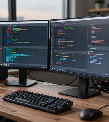 A professional North American developer's workstation featuring three monitors displaying complex source code and a high-end mechanical keyboard, evening lighting.