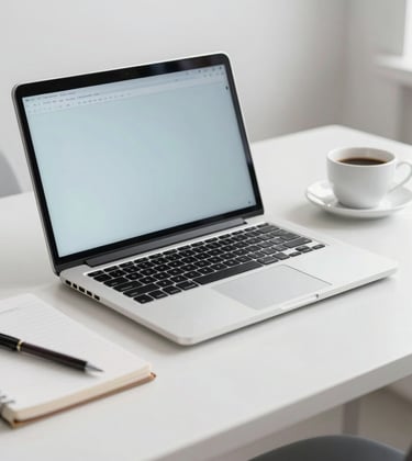 A clean, minimalist workspace in a bright North American office featuring a sleek high-end laptop and a notebook on a white desk, with a soft focus on a coffee cup, in a professional white and light blue color palette.