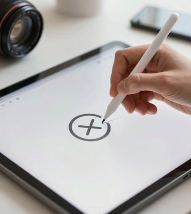 Close-up of a designer's hand using a stylus on a digital tablet, sketching a minimalist logo in a bright, modern North American studio.