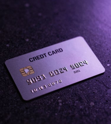 A minimalist, macro shot of a premium metal credit card resting on a dark, polished obsidian surface in a North American / US corporate setting. Subtle violet ambient lighting creates a futuristic fintech aesthetic.