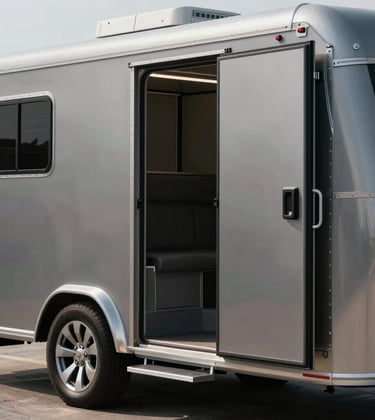 A luxury enclosed car trailer with its door open, revealing a glimpse of a sleek silver fender. High-contrast lighting, emphasizing the metallic textures of #CECECE and #272635.