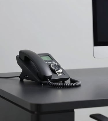A minimalist office scene with a dark desk featuring a single high-end telephone and a luxury watch, representing premium 24/7 assistance and time management. Color palette: #272635 and #CECECE.