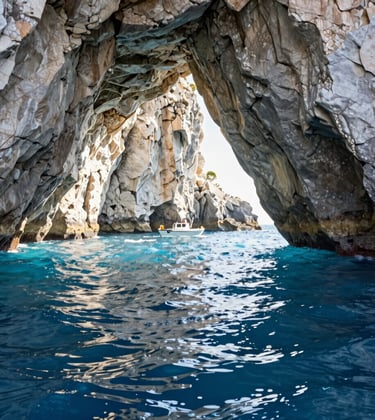 Action photography of a boat trip inside a sea cave in Southern Europe. Crystalline light blue water reflecting on the rock walls. Dynamic composition, serene exploration vibe, off-white sunlight filtering through the opening.