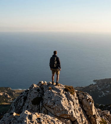 A hiker standing on a peak overlooking a vast blue sea under a clear off-white morning sky. Professional composition showing sense of scale and exploration. Southern European landscape.