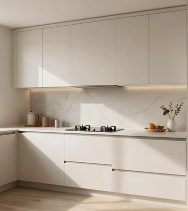 An interior shot of a thoughtfully designed modern kitchen with Crisp Parchment cabinetry and minimalist hardware. Soft morning light creates a warm and inviting residential atmosphere, International style.