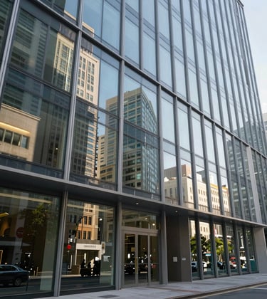 A crisp, bright photograph of a modern commercial office building with a glass facade, reflecting an International metropolitan street. The lighting is professional and clear, emphasizing stability and success.
