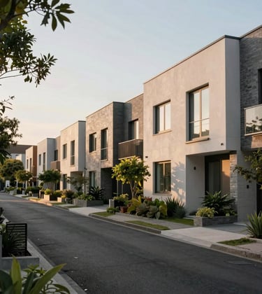 A beautiful residential street view of contemporary townhouses with modern architectural features and greenery, under a soft morning sun in an International neighborhood.