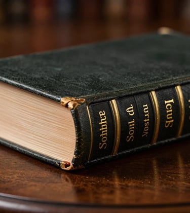 Macro photography of an antique law book's spine with metallic gold lettering, resting on a dark wood desk in a sophisticated South Asian legal library.